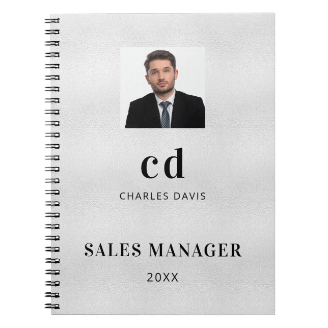 Caderno Espiral Foto de iniciais do nome prateado para negócios  (Frente)