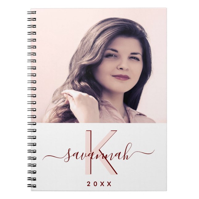 Caderno Espiral foto de um monograma branco rosa dourado (Frente)