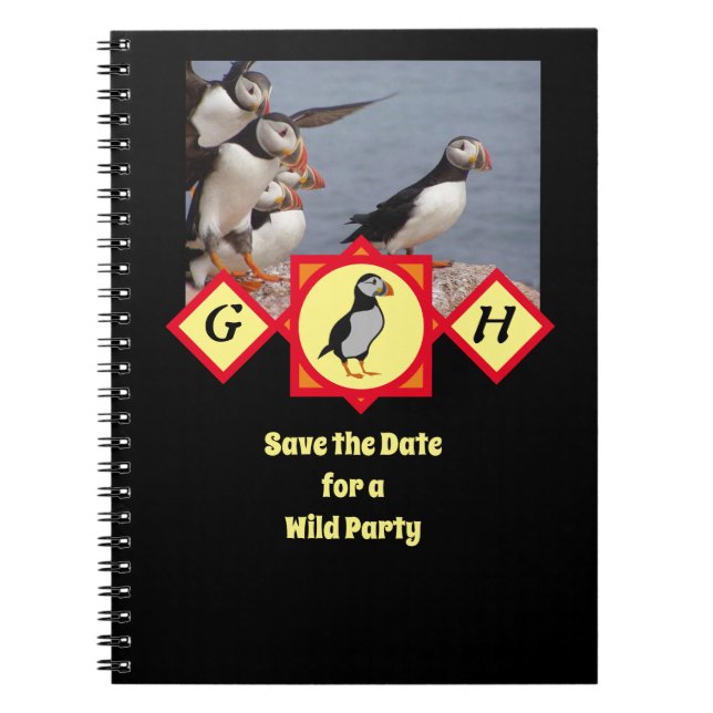 Caderno Espiral Foto do Monograma de Cartoon de Puffin no Atlântic (Frente)