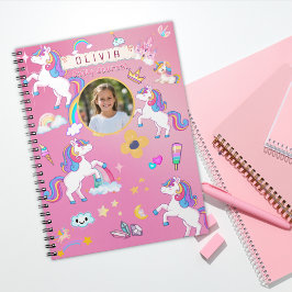 Caderno Espiral Foto do Unicórnio Rosa Fofo com Arco-íris e Nome P