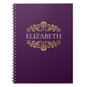 Caderno Espiral Foto Dourada de Flourish Elegante Monograma Roxo