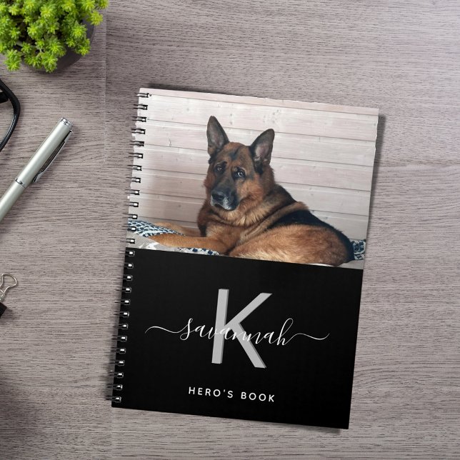 Caderno Espiral Foto personalizada de cão - Monograma branco preto (Criador carregado)