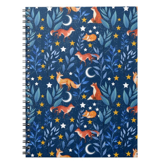 Caderno Espiral Fox Night Forest Celestial Seamless Pattern (Frente)