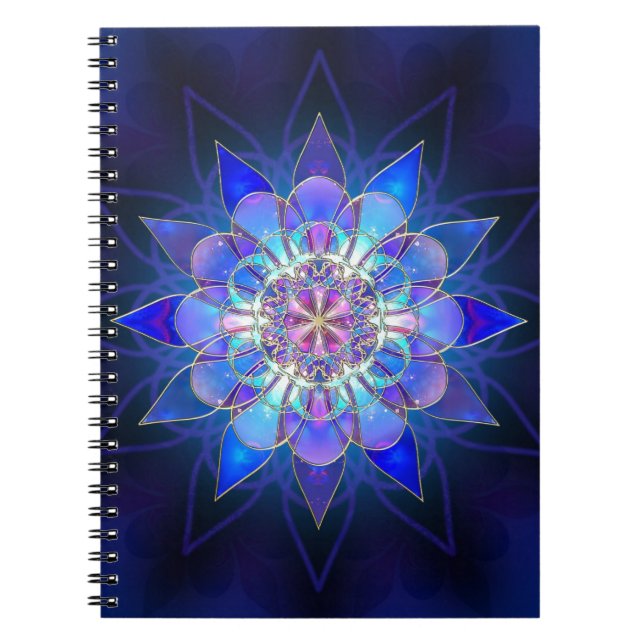 Caderno Espiral Fractal azul da mandala da flor (Frente)
