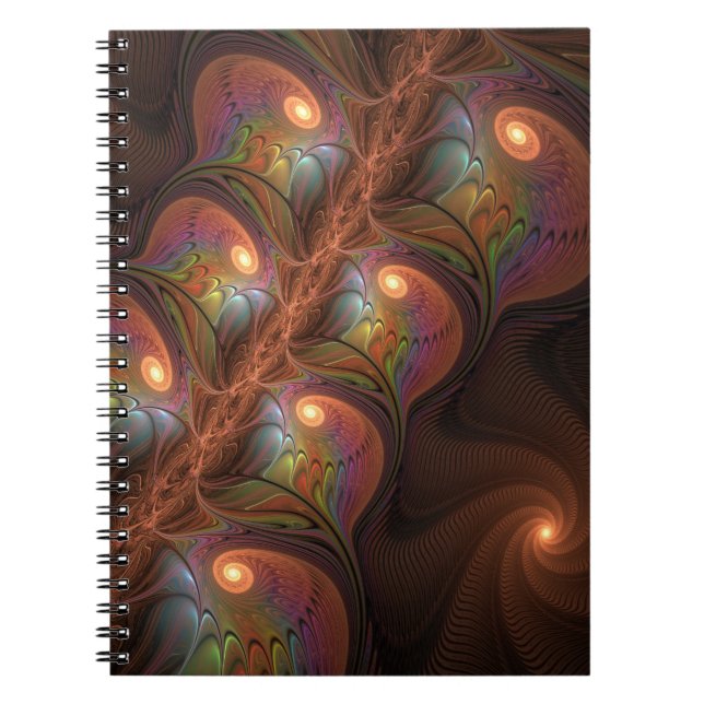 Caderno Espiral Fractal Castanho Abstrato fluorescente colorido (Frente)