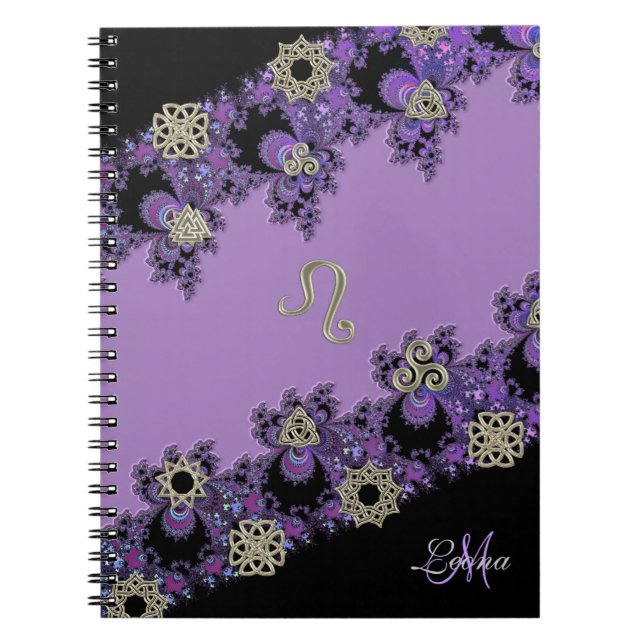 Caderno Espiral Fractal celta roxo personalizado de Leo do sinal (Frente)