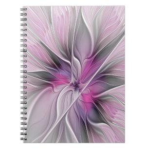 Caderno Espiral Fractal Fractal Moderna Abstrato com Cinza Rosa Fl