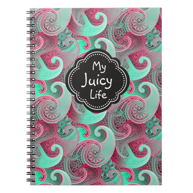 Caderno Espiral Framboesa e Aqua Paisley Pattern Juicy Life (Frente)