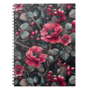 Caderno Espiral Framboesa, flores de burguesia em cinzas escuras