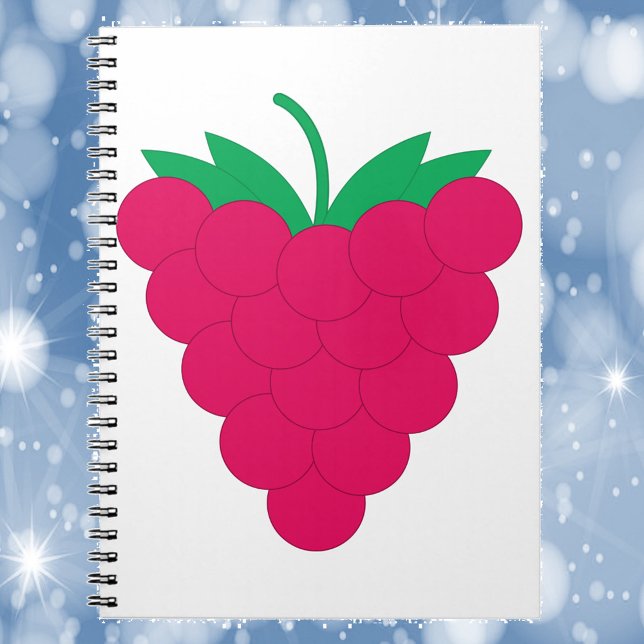 Caderno Espiral Framboesa Rosa Berry (A notebook with a graphic of a pink raspberry with a green stem.)