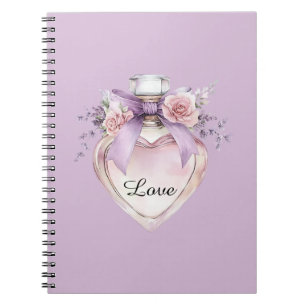 Caderno Espiral Frasco de Perfume Roxo Laço Flores Rosa