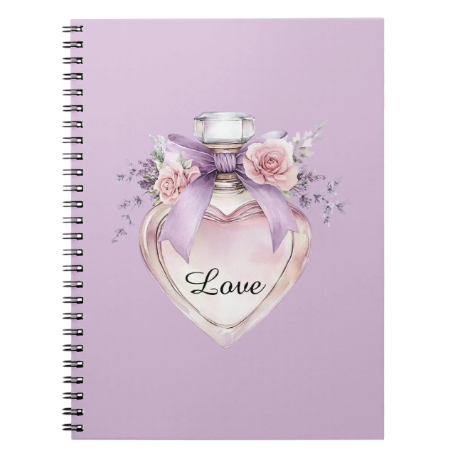 Caderno Espiral Frasco de Perfume Roxo Laço Flores Rosa (Frente)