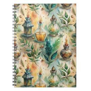 Caderno Espiral Frascos Antigos de Poção Verde Âmbar Botânico
