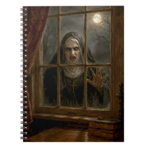 Caderno Espiral Freira Assustadora na Janela Assombrada Terror Gót