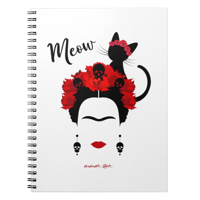 Caderno Espiral Frida Kahlo retrato e meau giro gato mexicano (Frente)