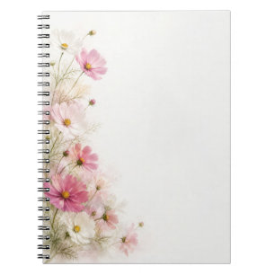 Caderno Espiral Fronteira Floral de Cosmos Rosa e Branco