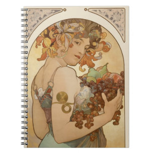 Caderno Espiral Fruta de Alphonse Mucha, Arte Novo Vintage