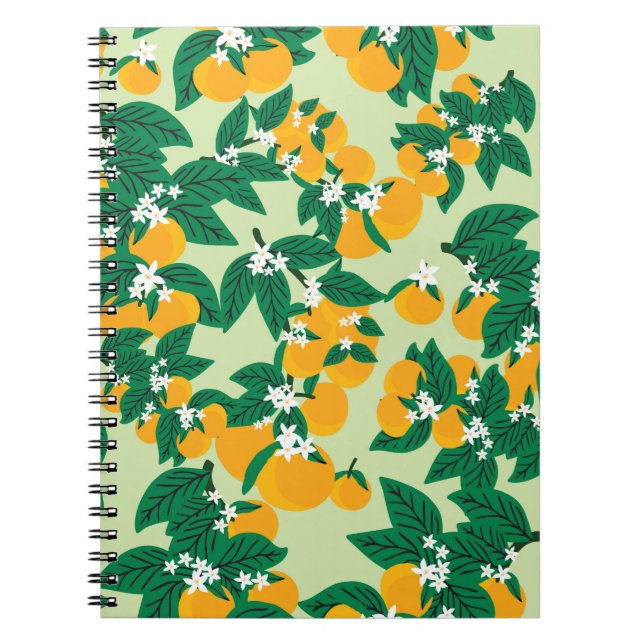 Caderno Espiral Fruta de laranja: padrão de vinheta verde. (Frente)