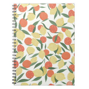 Caderno Espiral Frutas de limão e laranja com folhas em fundo bra