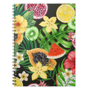 Caderno Espiral Frutas tropicais, flores e folhas a preto