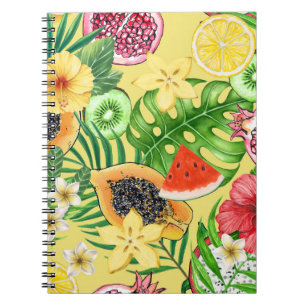 Caderno Espiral Frutas tropicais, flores e folhas em amarelo