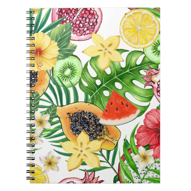 Caderno Espiral Frutas tropicais, flores e folhas em branco (Frente)