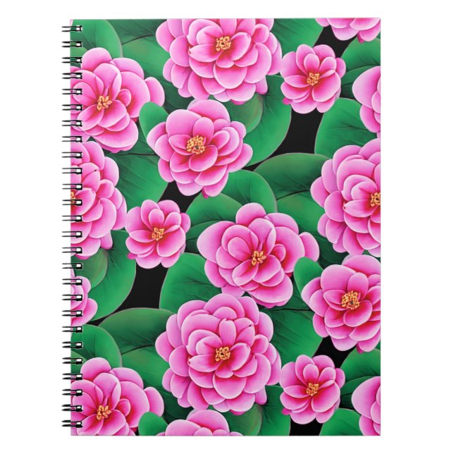 Caderno Espiral Fuchsia Pink Camellias & Jade Green Folhas (Frente)