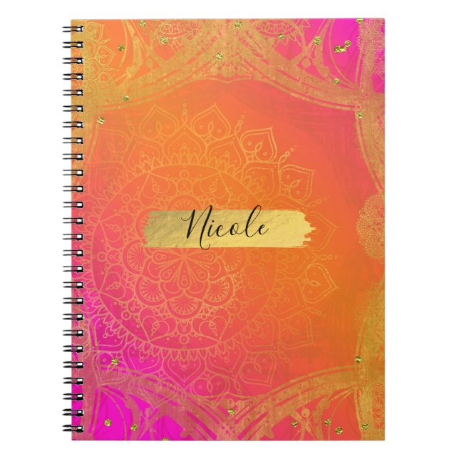 Caderno Espiral Fúcsia Laranja Rosa e Dourado Glam Mandala Indiana (Frente)