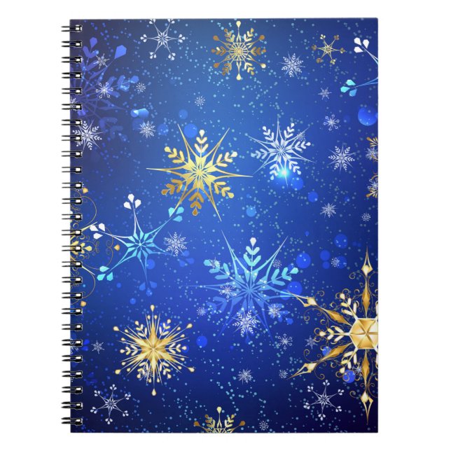 Caderno Espiral Fundo Azul XMAS com Flocos de Neve Ouro (Frente)