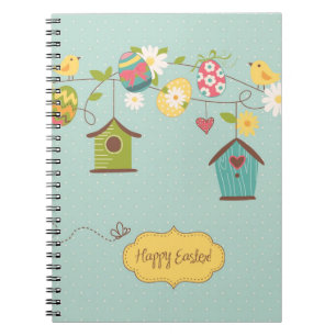 Caderno Espiral Fundo bonito do primavera com casas do pássaro