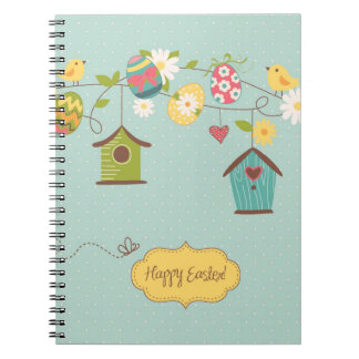 Caderno Espiral Fundo bonito do primavera com casas do pássaro