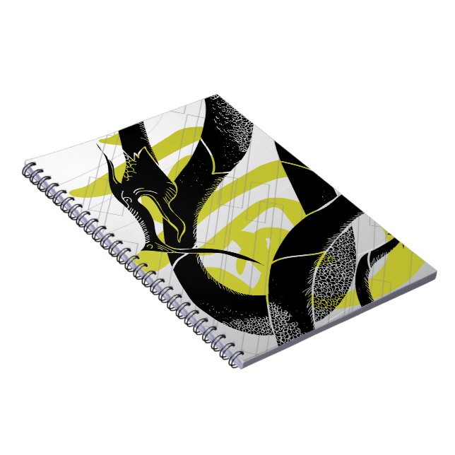 Caderno Espiral Fundo Branco do Dragão Japonês Negro (Lado Direito)