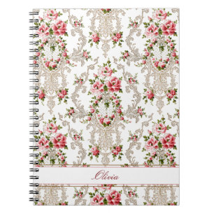 Caderno Espiral Fundo Branco-Floral do Rococo Francês Personaliza