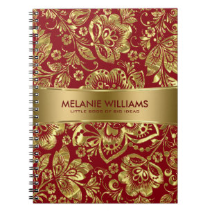 Caderno Espiral Fundo Brilhante Dourado Damask Burgundy