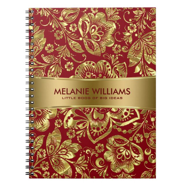 Caderno Espiral Fundo Brilhante Dourado Damask Burgundy (Frente)