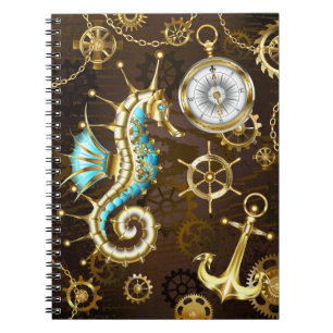 Caderno Espiral Fundo de madeira com cavalo de mar mecânico