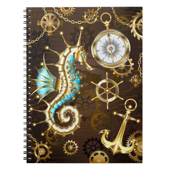 Caderno Espiral Fundo de madeira com cavalo de mar mecânico (Frente)
