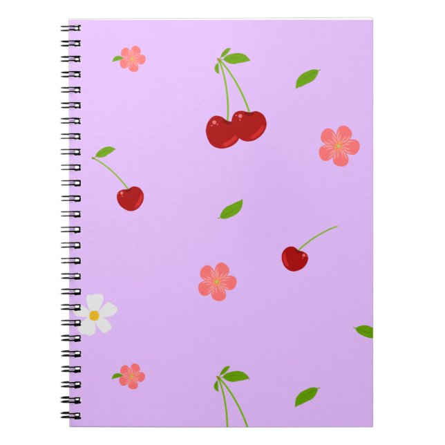 Caderno Espiral Fundo Divertido de Frutas e Flores de Cereja (Frente)