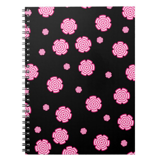 Caderno Espiral Fundo escuro, flores rosa estilizadas e brilhantes (Frente)