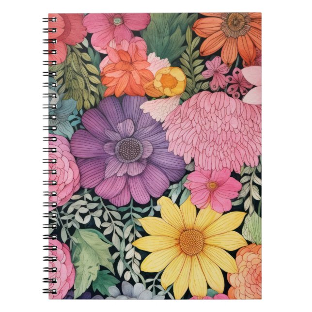 Caderno Espiral fundo floral primavera. (Frente)
