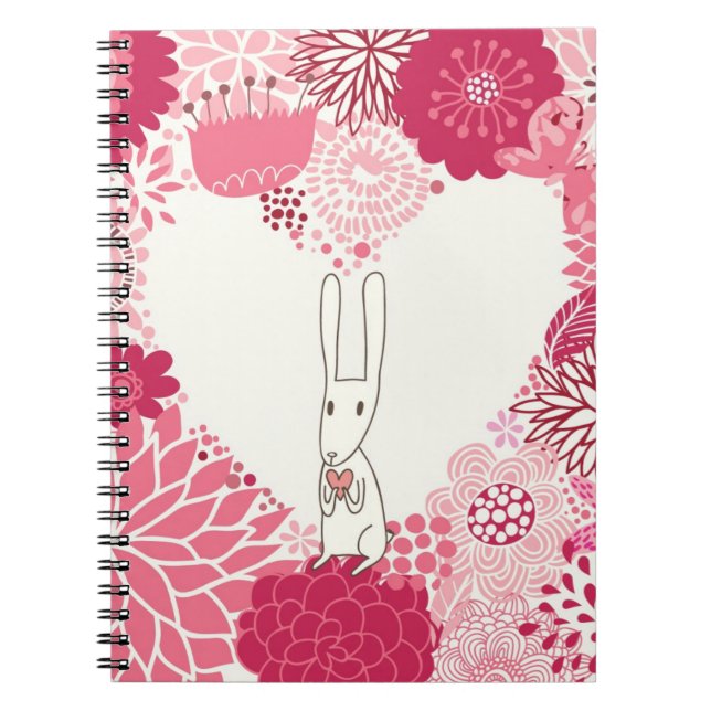 Caderno Espiral Fundo floral romântico com coelho bonito (Frente)