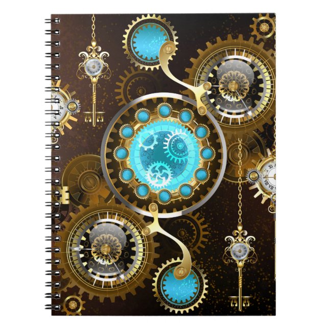 Caderno Espiral Fundo Rusty Steampunk com Lentes Turquesa (Frente)