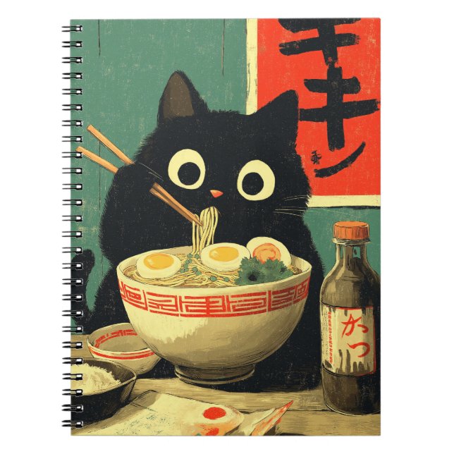 Caderno Espiral Funny Black Cat Eating Ramen (Frente)
