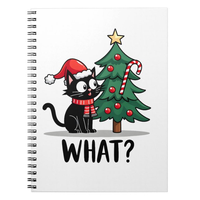 Caderno Espiral Funny Black Cat Gift Pushing Christmas Tree Over C (Frente)