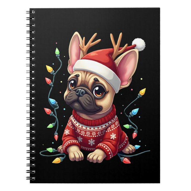 Caderno Espiral Funny French Bulldog Christmas Light Santa Hat Rei (Frente)