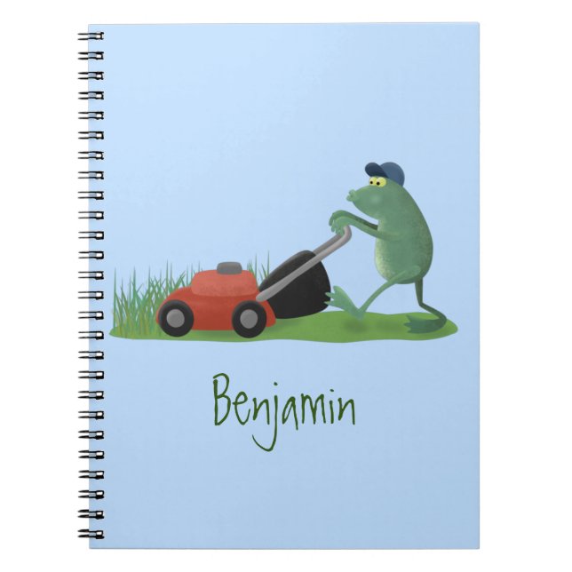 Caderno Espiral Funny green frog mowing lawn cartoon (Frente)