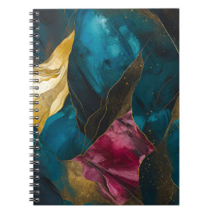 Caderno Espiral Fusão de Mármore Azul-Teal e Dourado à Meia-Noite