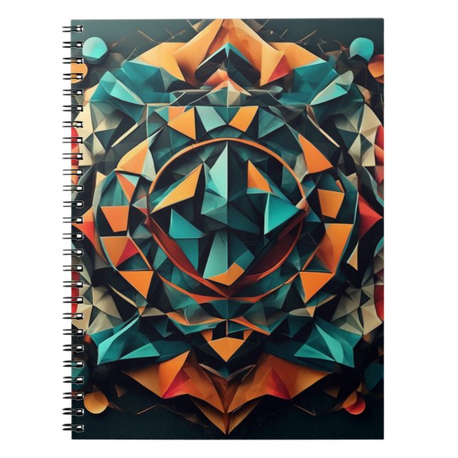 Caderno Espiral Fusão Geométrica de Mandala: Blue & Orange Dynamic (Frente)