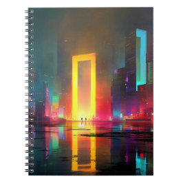 Caderno Espiral Futuristic City with Radiant Neon Portal