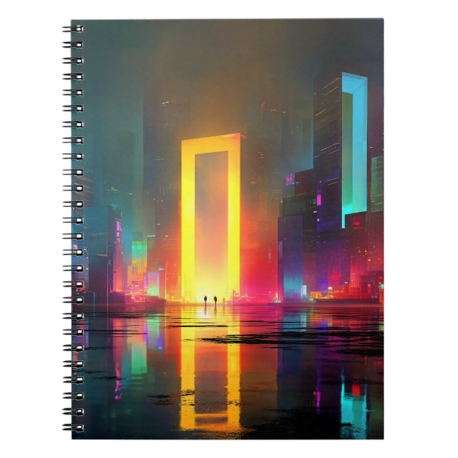Caderno Espiral Futuristic City with Radiant Neon Portal (Frente)